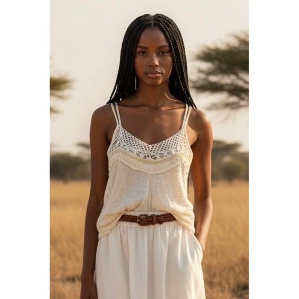 Free People Crochet Lace Cami Tank Top Ivory Boho Double Strap XS